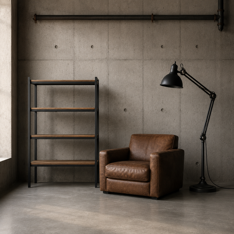 Intérieur industriel : mur en béton brut, étagère en acier noir et bois, fauteuil en cuir patiné