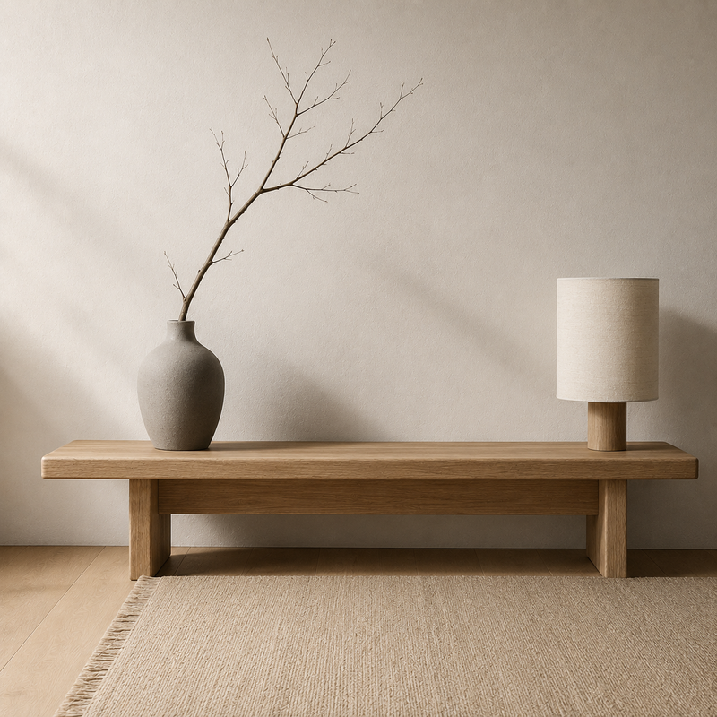 Intérieur japandi : banc bas en chêne clair, vase en céramique gris cendre et tapis de lin écru