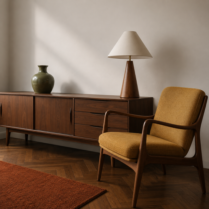 Intérieur mid-century modern : enfilade en noyer sur pieds compas et fauteuil en tissu moutarde