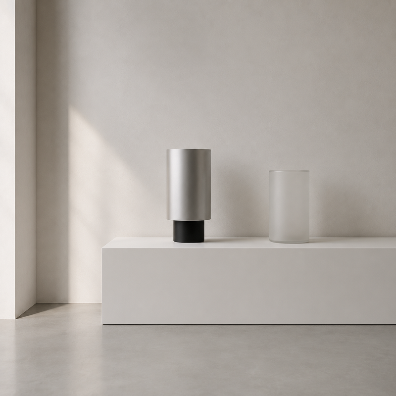 Intérieur minimaliste : banc laqué blanc mat, surfaces lisses et géométrie épurée