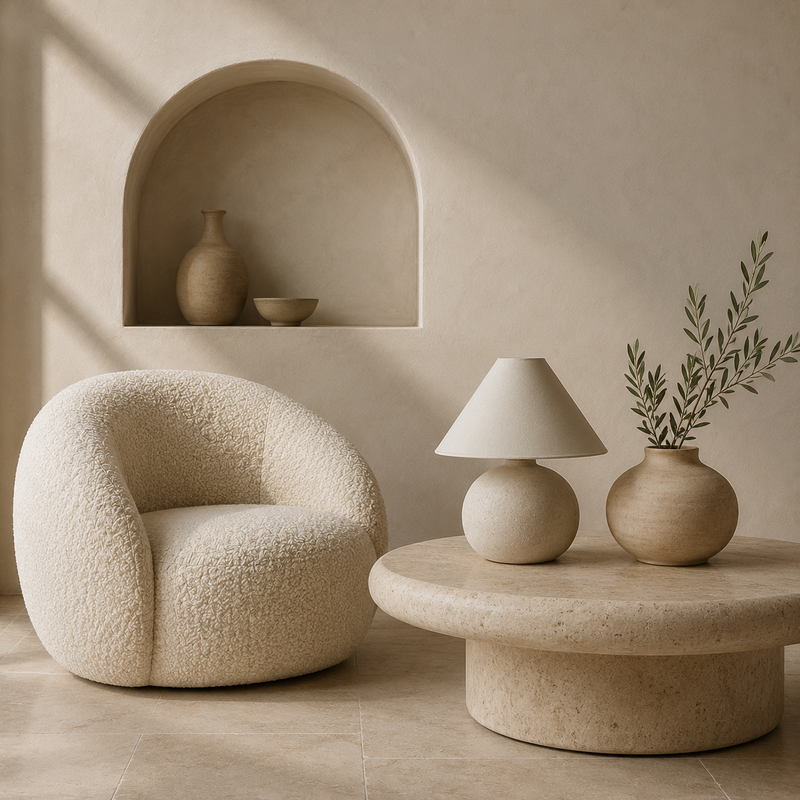 Intérieur organic modern : enduit à la chaux, formes galbées et fauteuil en bouclé écru