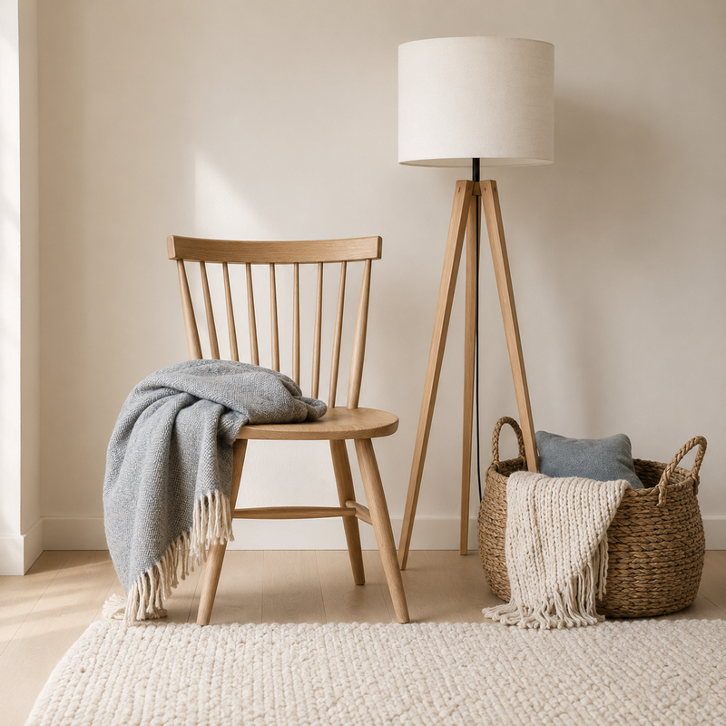 Intérieur scandinave : chaise en frêne blond, laine bouclée blanc cassé et lumière naturelle douce