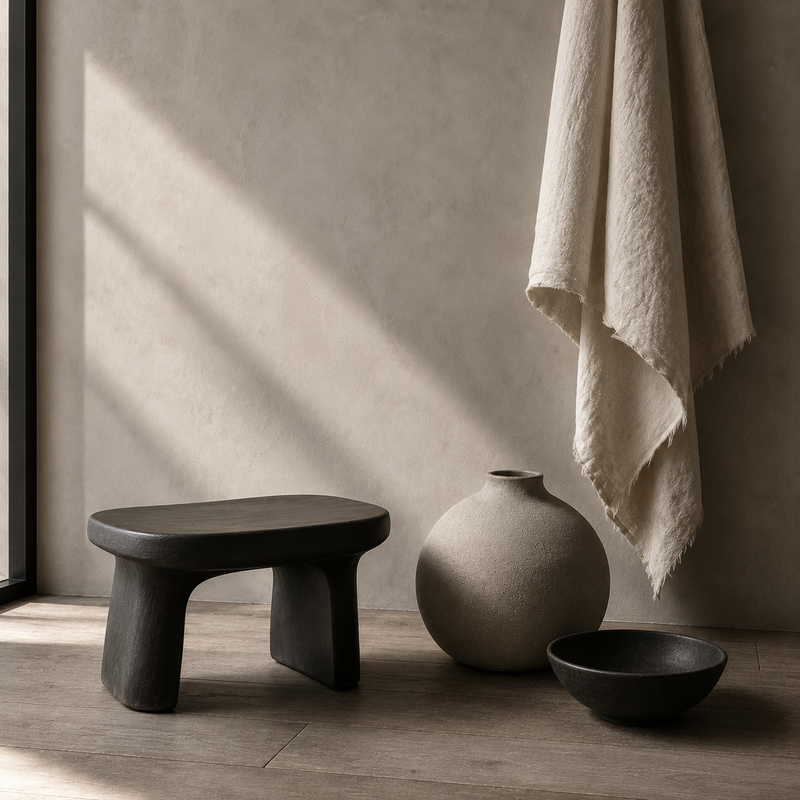 Intérieur wabi-sabi : enduit d'argile, bois brut et céramique à l'émail craquelé