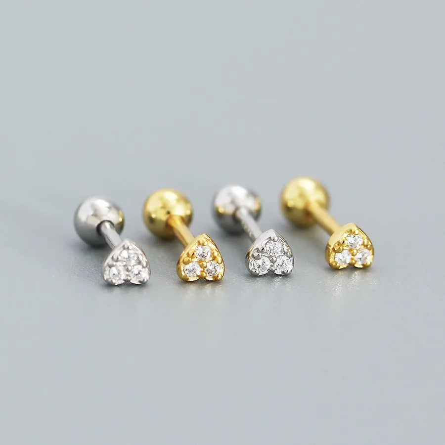 Puces d'oreilles cœur serti de zircons, argent massif 925