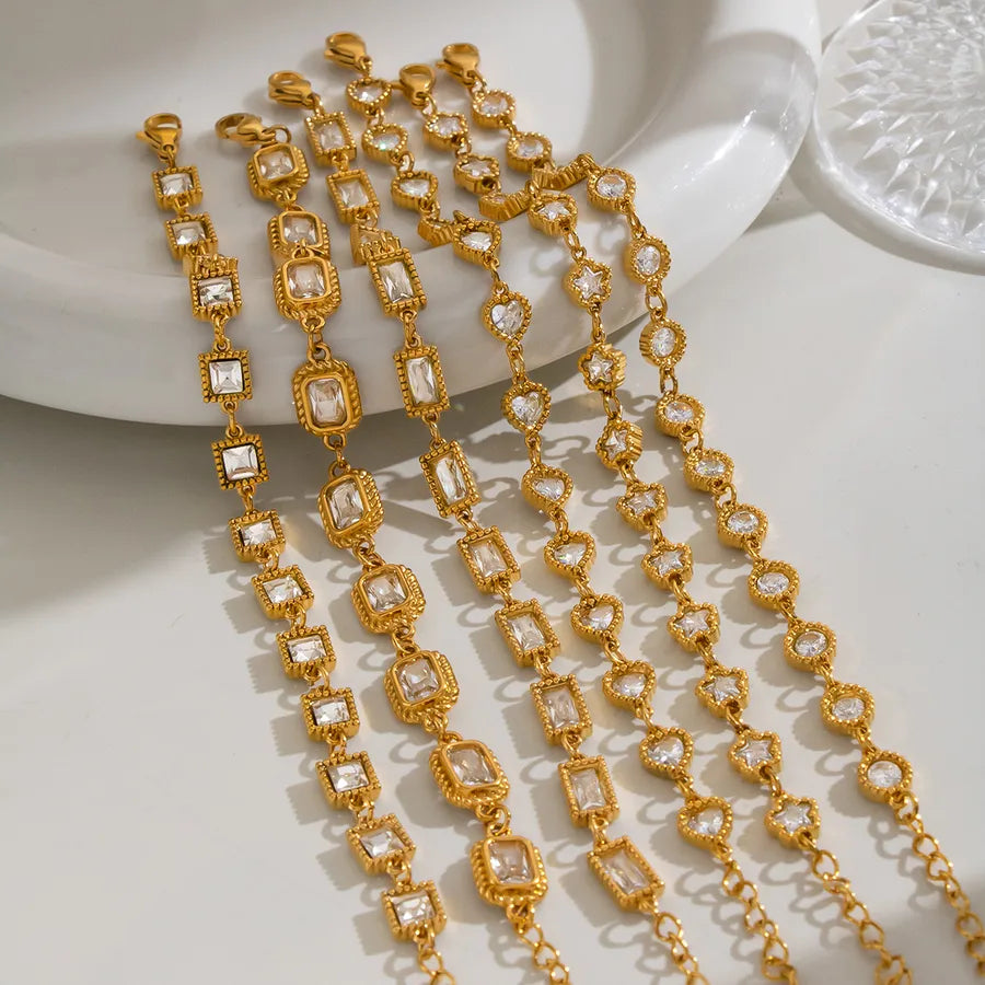Bracelet à motifs géométriques sertis de zircons, acier inoxydable
