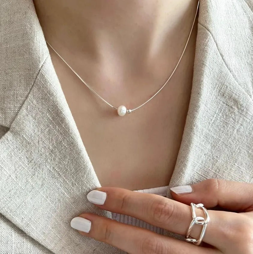Collier à perle ronde, argent massif 925 — vue 3