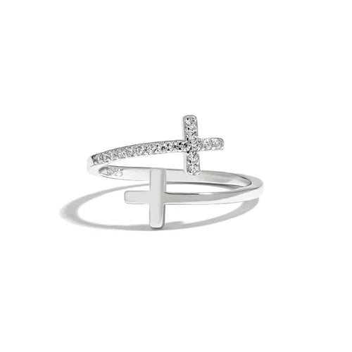 Bague ouverte à croix pavée de zircons — vue 2