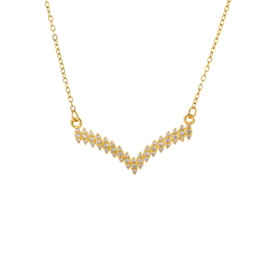 Collier à pendentif en V pavé de zircons, acier doré