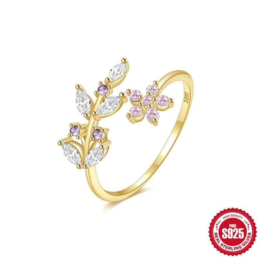 Bague feuille sertie de zircons en argent massif 925