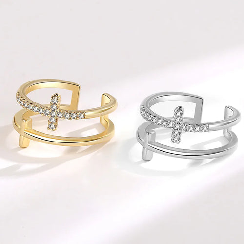 Bague ouverte ajustable à croix sertie de zircons