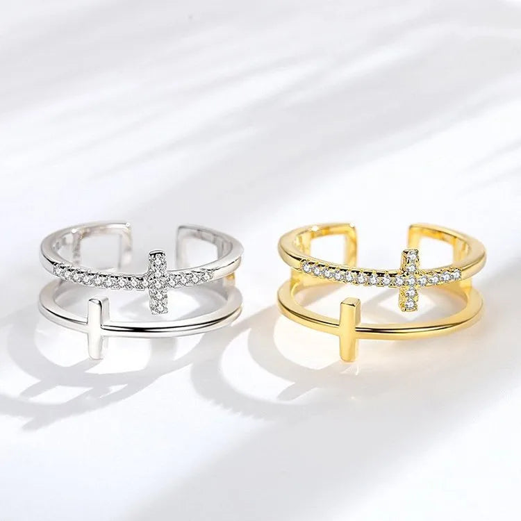 Bague à deux croix superposées, argent massif 925