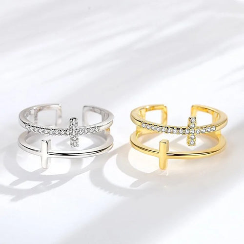 Bague à deux croix superposées, argent massif 925